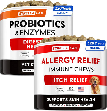 Vet Strength Probiotics + Allergy Relief For Dogs Bundle - Chewable Fiber Supplement + Itchy Skin Treatment - Digestive Enzymes + Pumpkin - Upset Stomach Relief + Hotspot Relief -240 Ct - Made In Usa