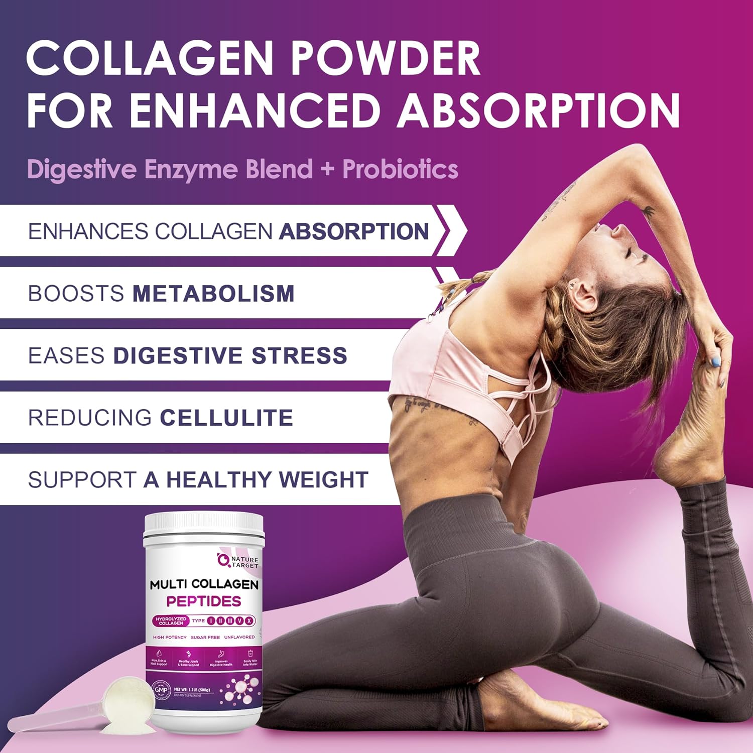 NATURE TARGET Multi Collagen Peptides Powder - Type I, II, III, V, X - Hydrolyzed Collagen Peptides with Vitamin C Hyaluronic Acid, Supports Skin Hair Nail & Joint, Grass-Fed, Non-GMO, 50 Servings : Health & Household