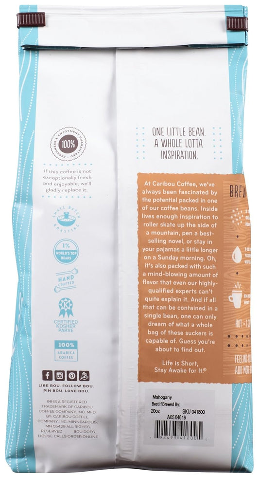 Caribou Coffee, Mahogany Dark Roast, Bag, Dark Roast Blend of El Salvador, Sumatra, & Guatemala Coffee Beans, Earthy, Dark, & Bold, with A Raw Sugar Finish, Arabica Coffee; Sustainable Sourcing