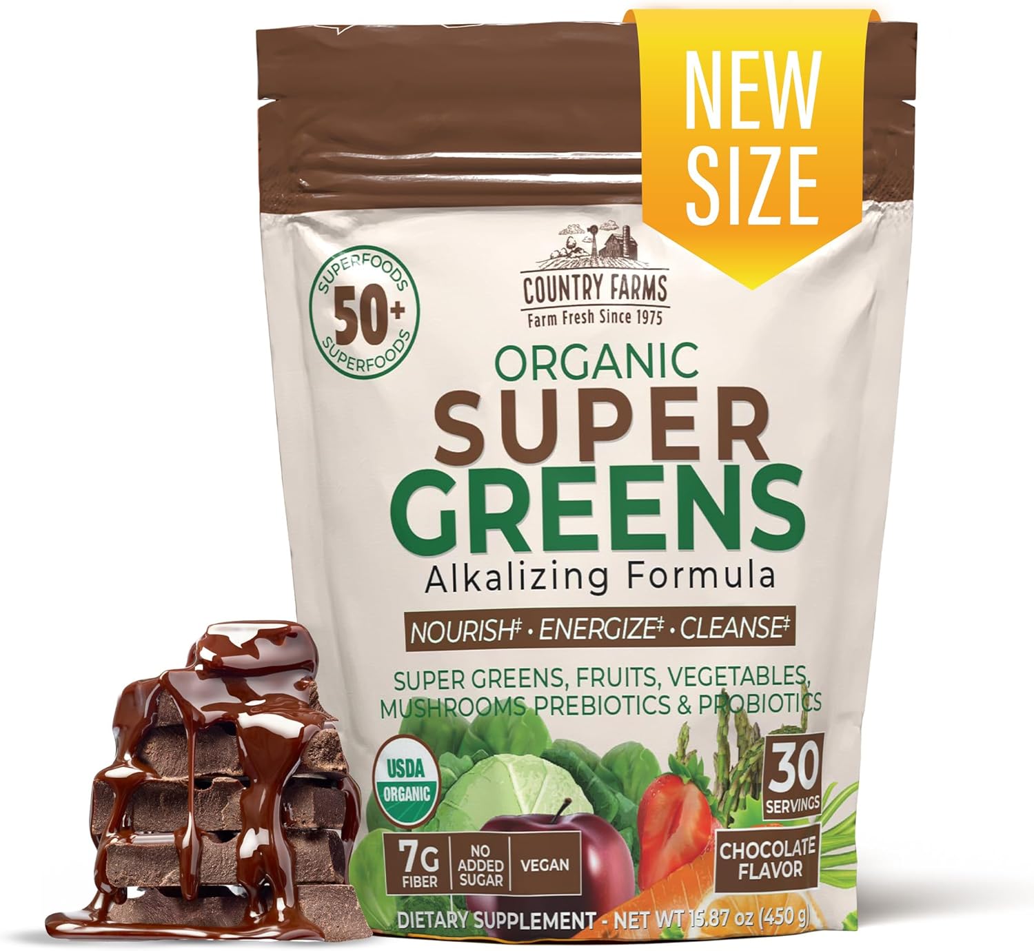 Country Farms Super Greens Chocolate Flavor, 50 Organic Super Foods, Usda Organic Drink Mix (Wheat Grass, Spirulina, Chlorella) Mushrooms & Probiotics, Natural Energy, 30 Servings