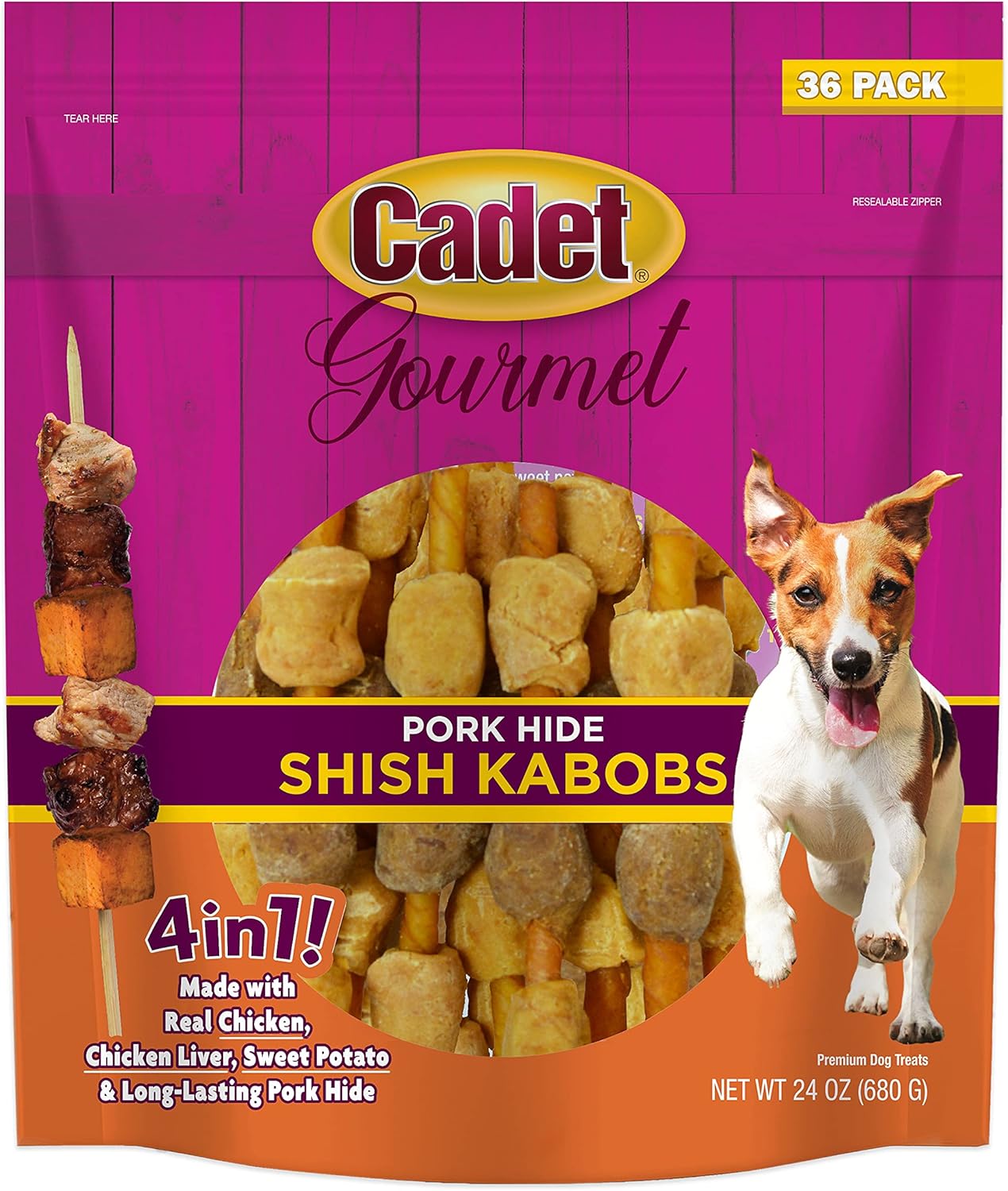 Cadet Gourmet Shish Kabob Dog Treats For Small Dogs, Healthy & Natural Chicken, Duck, & Sweet Potato Chew Sticks, Pork Hide, Small 5 Inch, 24 Ounce (Pack Of 1)