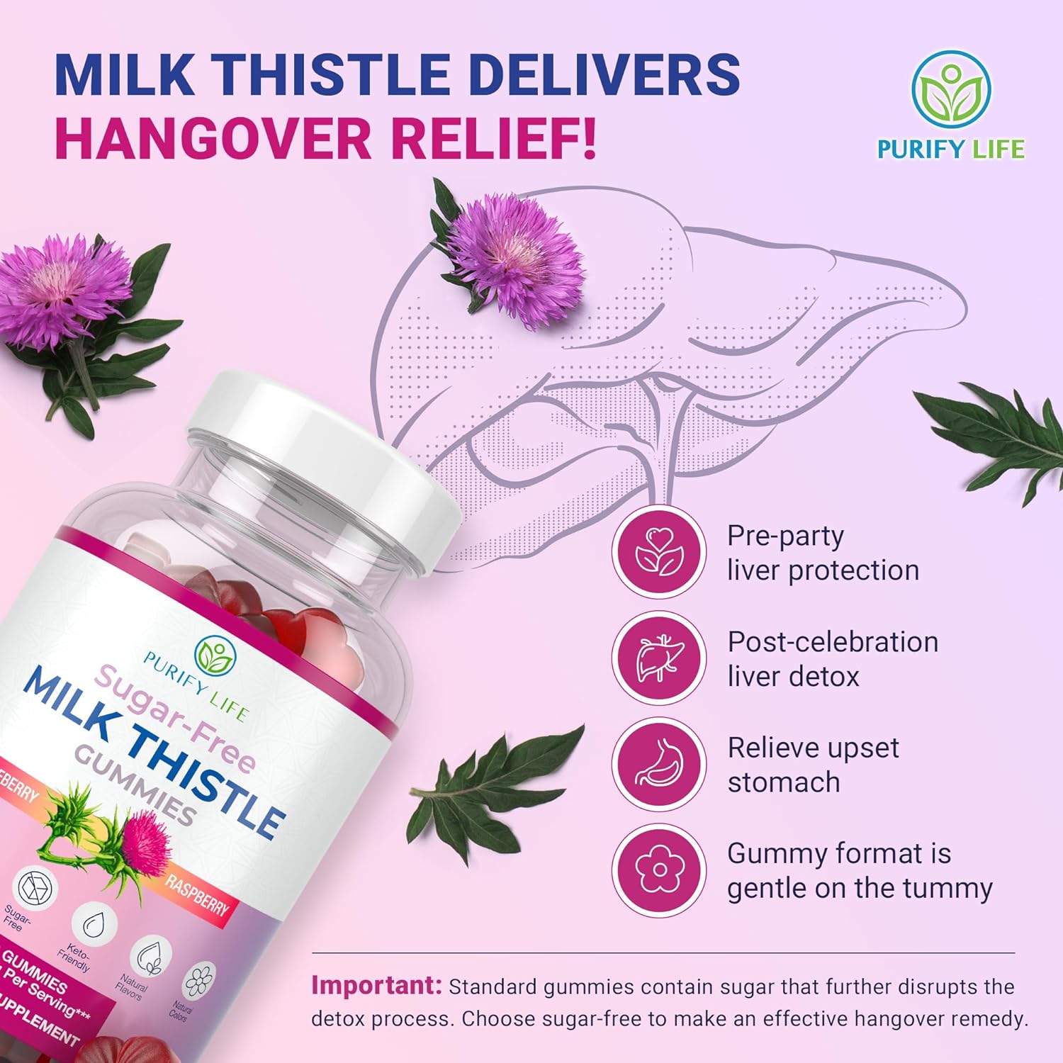 Sugar-Free Milk Thistle Gummies for Liver Cleanse, Detox & Cell Repair (1000mg/serv) 3rd Party Tested USA, Cardo Mariano, Milk Thistle Extract & Antioxidant Support, Vegan, Replaces Pills & Capsules : Health & Household