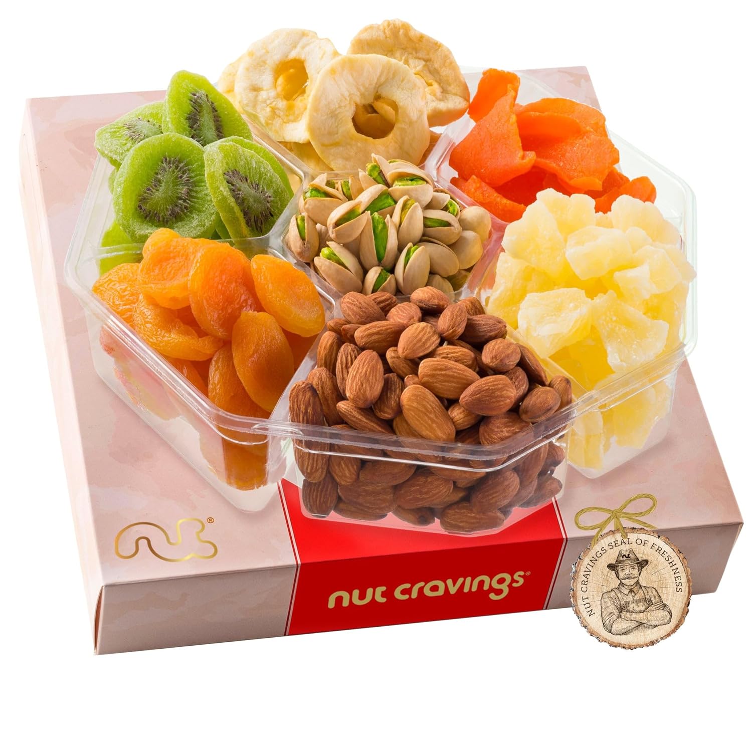 Nut Cravings Gourmet Collection - Dried Fruit & Mixed Nuts Gift Basket In Red Box (7 Assortments, 2 Lb) Teacher Appreciation Arrangement Platter Birthday Care Package, Healthy Kosher