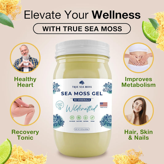 TrueSeaMoss Wildcrafted Irish Sea Moss Gel - Made with Dried Seaweed - Seamoss, Vegan-Friendly, Antioxidant Supports Thyroid & Digestion - Made in USA (Original, Pack of 1)