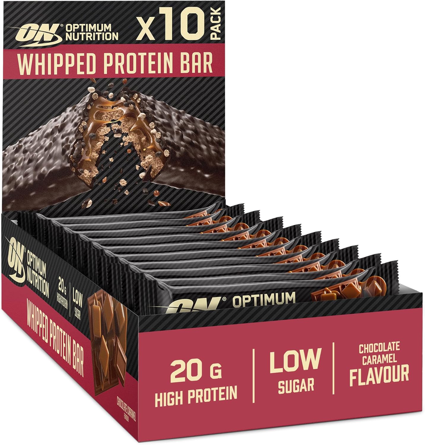 Optimum Nutrition Whipped Protein Bars, Low Calorie Snacks, Low Carb Low Sugar, Workout Snack For Men And Women, Chocolate Caramel Flavour, 10 X 60G