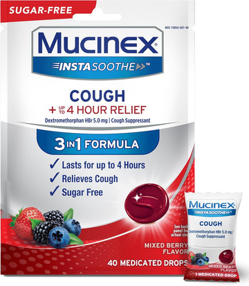 Mucinex Instasoothe Sugar Free Cough Drops, Cough Medicine For Adults With Dextromethorphan Hbr, Non Menthol Cough Drops, Cough Suppressant Lozenges, Mixed Berry Medicated Cough Drops, 40Ct