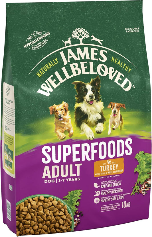 James Wellbeloved Adult Superfoods 10 kg Bag, Hypoallergenic Dry Dog Food, Turkey with Kale & Quinoa?425800