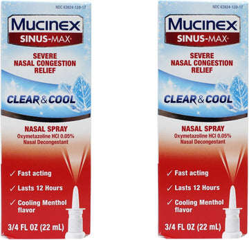 Mucinex Sinus-Max Severe Congestion Relief Clear & Cool Nasal Decongestant Spray- Fast Acting Relief For Sinus Pressure, With Cooling Menthol & Oxymetazoline, 0.75 Oz. (Pack Of 2), Packaging May Vary