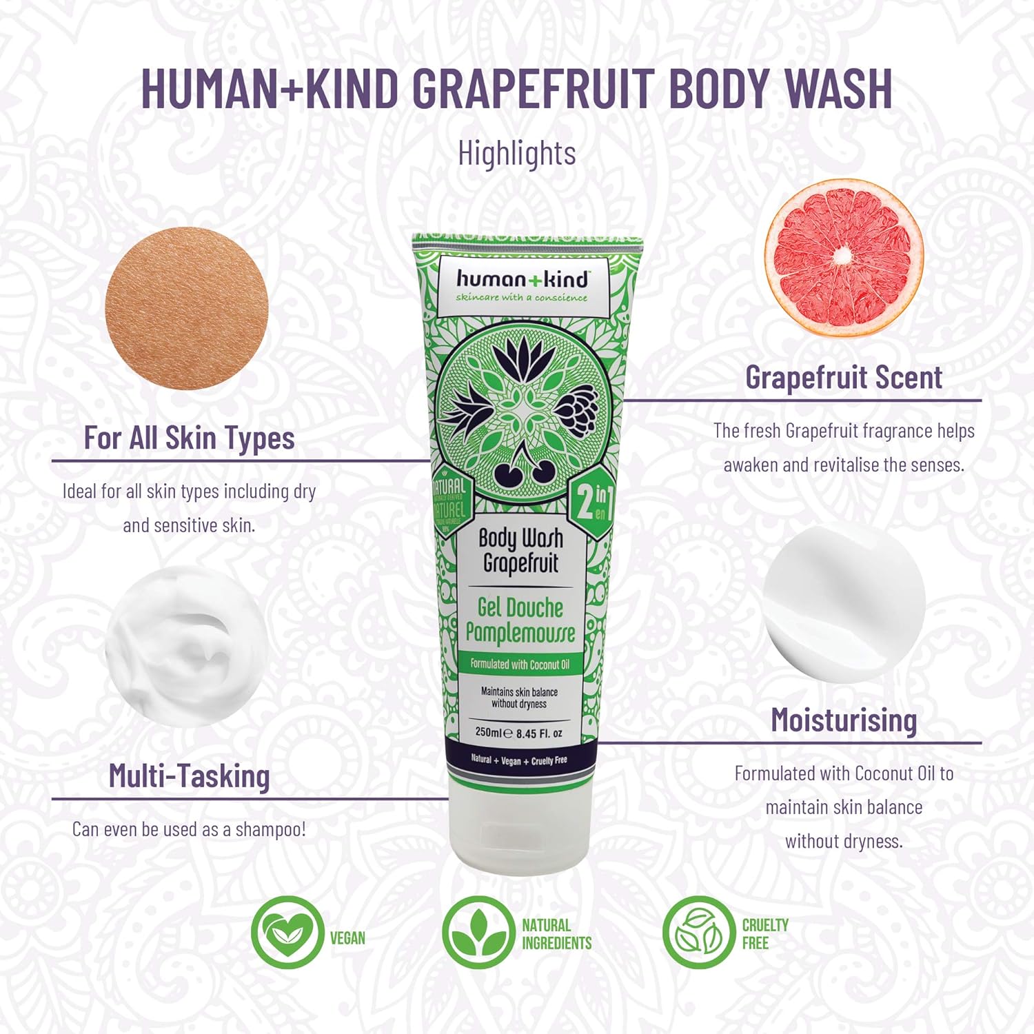 Human+Kind Body Wash - Natural, Moisturizing Body Soap With Coconut Oil - A Gentle, Soothing Cleanse For Dry, Sensitive Skin - Three Fresh Scents: Orange, Grapefruit, And Apple And Herbs - 8.45 Oz