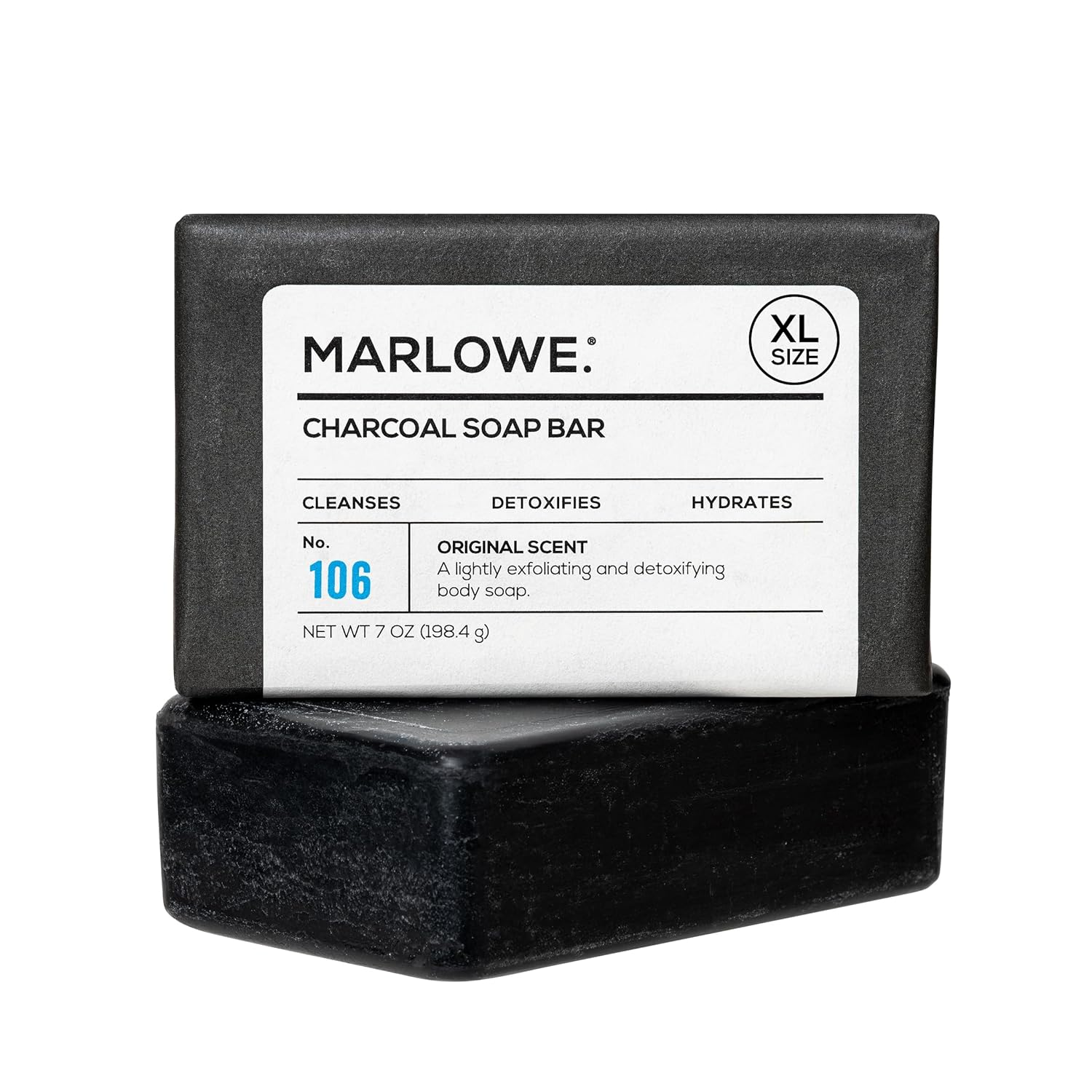 Marlowe. No. 106 Charcoal Soap 7 Oz, Body Bar Soap For Men, Cleansing, Purifying & Hydrating With Natural Extracts, Shea Butter, Olive Oil & Green Tea Extracts, Fresh Woodsy Scent