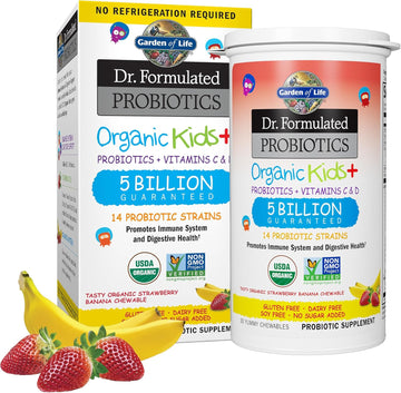 Garden Of Life Dr. Formulated Probiotics Organic Kids+ Plus Vitamin C & D, Strawberry Banana, Gluten Dairy & Soy Free Immune & Digestive Health Supplement, No Added Sugar, 30 Chewables (Shelf Stable)
