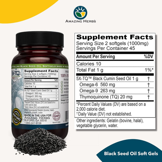 Amazing Herbs Premium Black Seed Oil Capsules - Gluten Free, Non GMO,