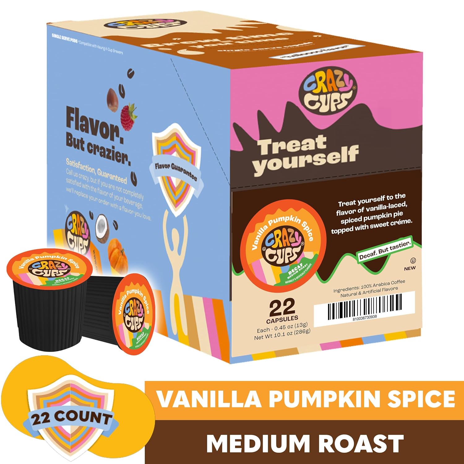 Crazy Cups Decaf Flavored Vanilla Pumpkin Spice Coffee Pods, Recyclable Medium Roast Single Serve For Keurig K Machines, Brew Hot Or Iced, 22 Count (Pack Of 1)