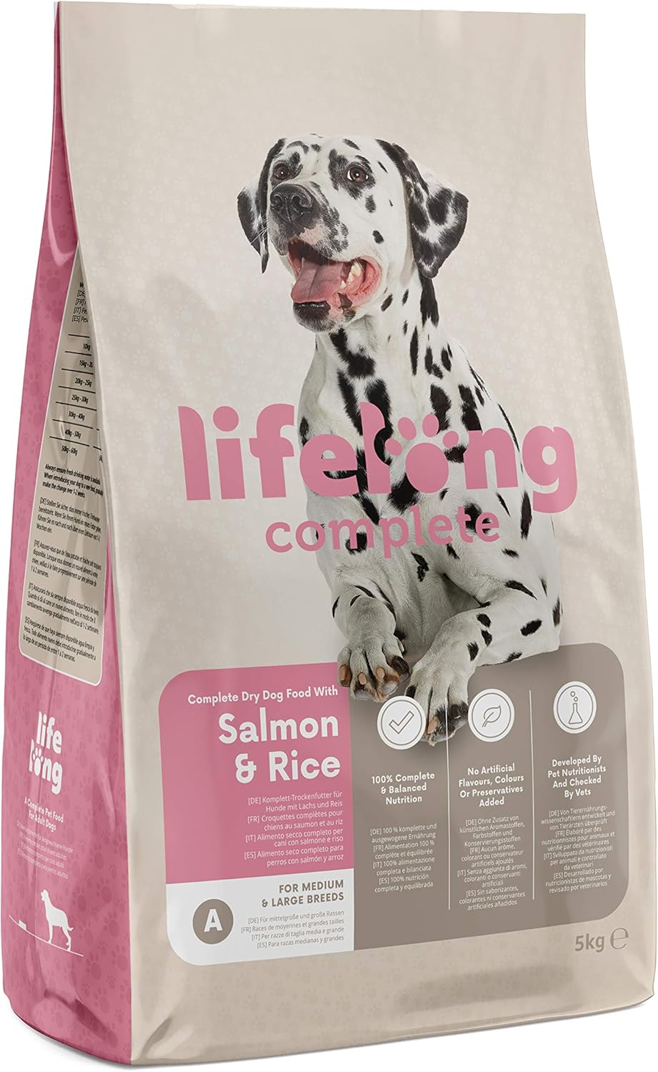 Amazon Brand - Lifelong - Complete Dry Dog Food with Salmon & Rice for Medium and Large Breeds, 1 Pack of 5kg?5400606003507