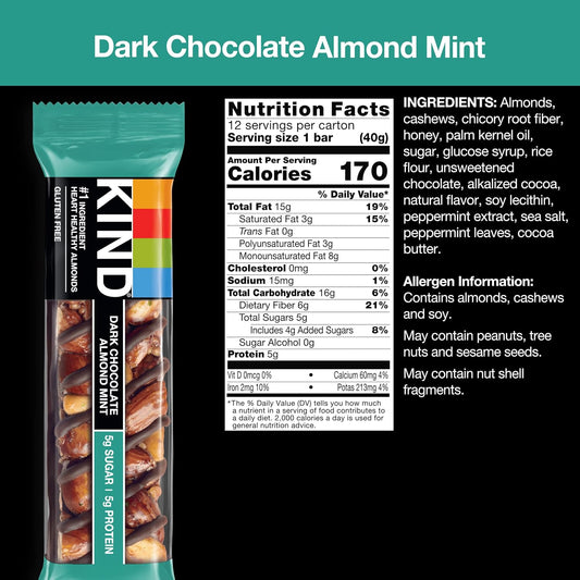 Kind Bars, Dark Chocolate Mint, Healthy Snacks, Gluten Free, Low Sugar, 12 Count