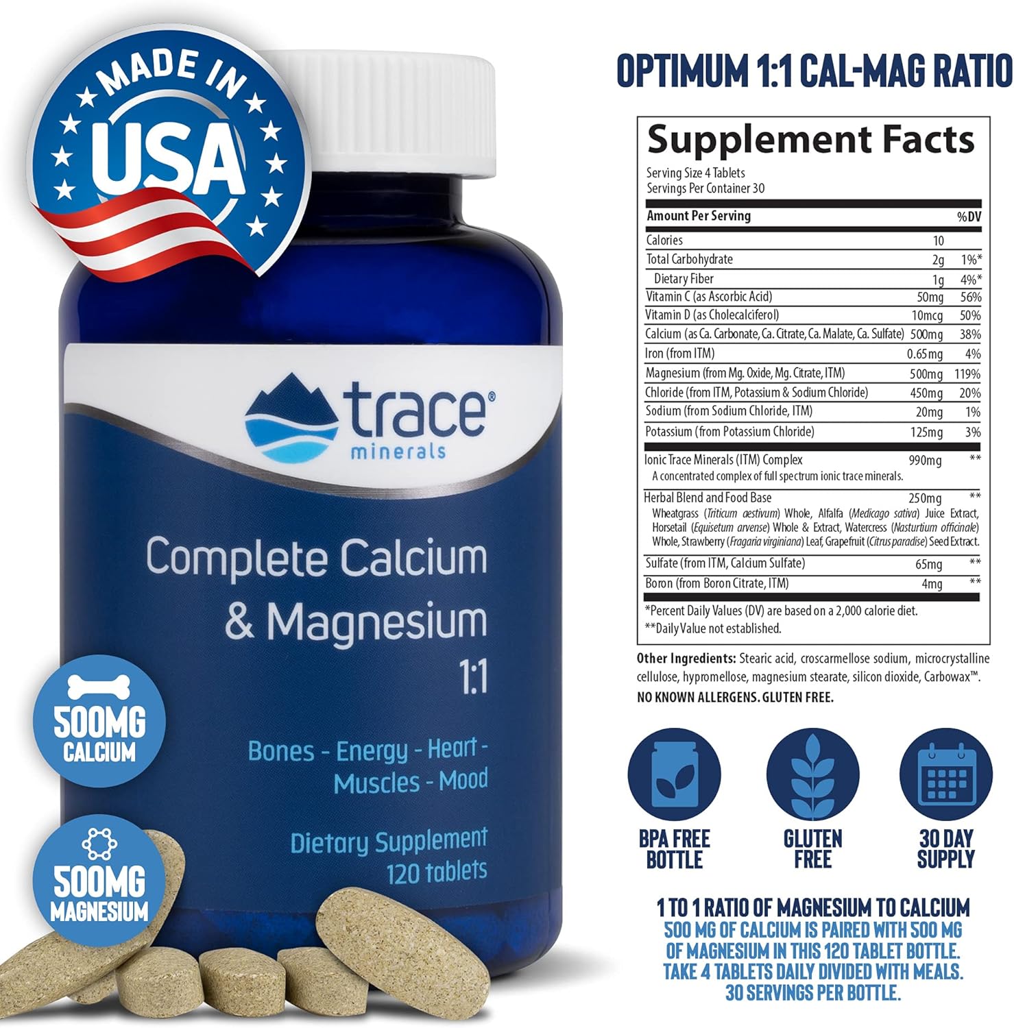 Trace Minerals Complete Cal/Mag 1:1, Tablets, 120-Count