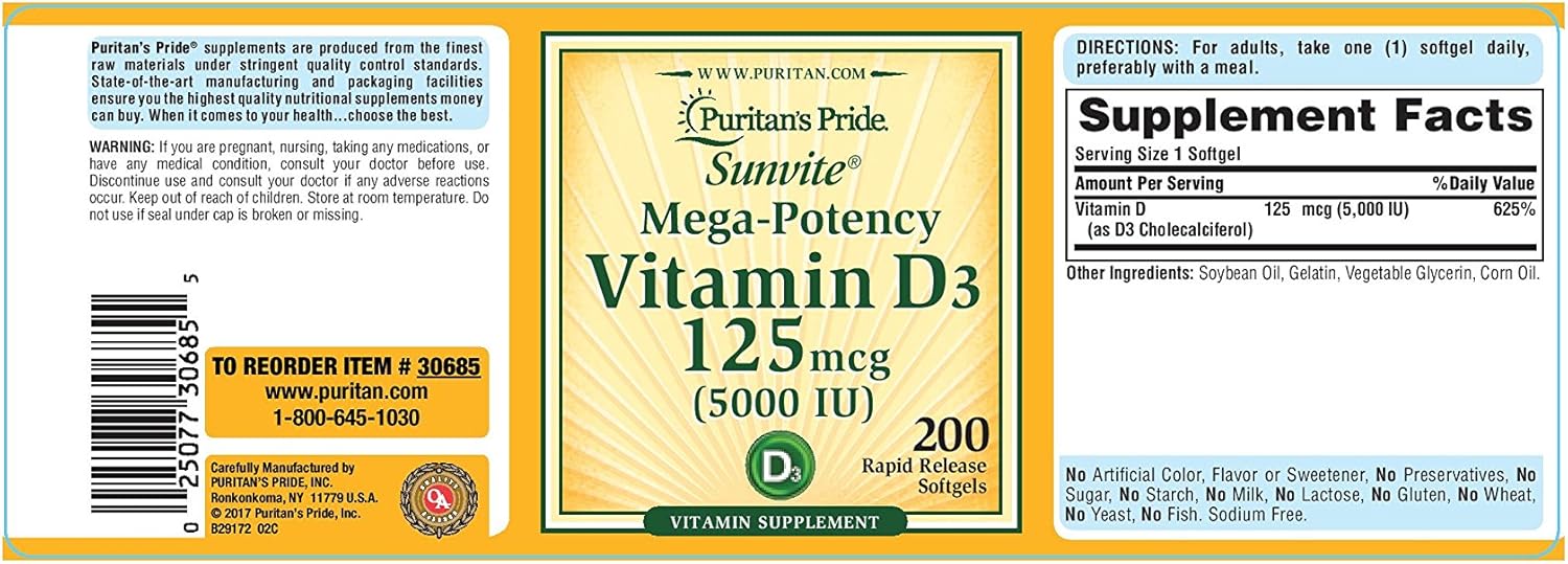 Puritan's Pride Vitamin D3 5,000 IU Bolsters Immunity for Immune System Support and Healthy Bones and Teeth Softgels, Packaging May Vary, Unflavored, 200 Count : Health & Household