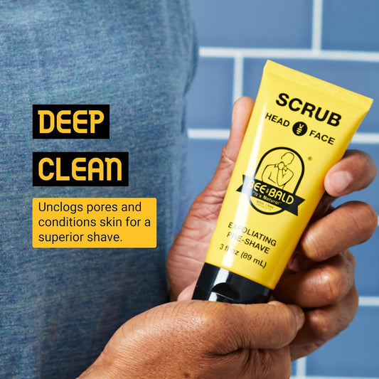 BEE BALD SCRUB Exfoliating Pre-Shave deep cleans & removes pore clogging dirt, oil & dry, flaky skin. Prepares skin for a ‘super close shave’ leaving it ‘smoother than a baby's behind' 3 Fl Oz