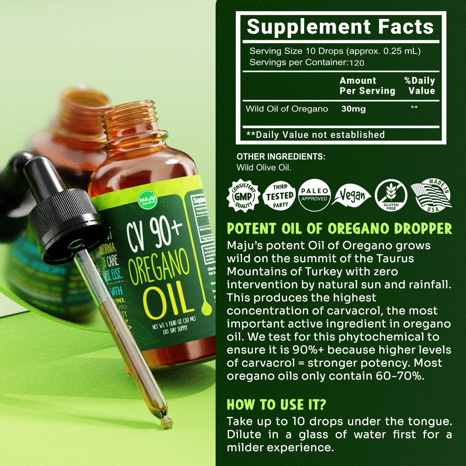 MAJU Oregano Oil Drops, Potent 90%+ Carvacrol (1 fl oz) Wild Mediterranean Essential Oil of Oregano Liquid, Aceite de Oregano, Immune and Seasonal Support, Compare to Organic : Health & Household