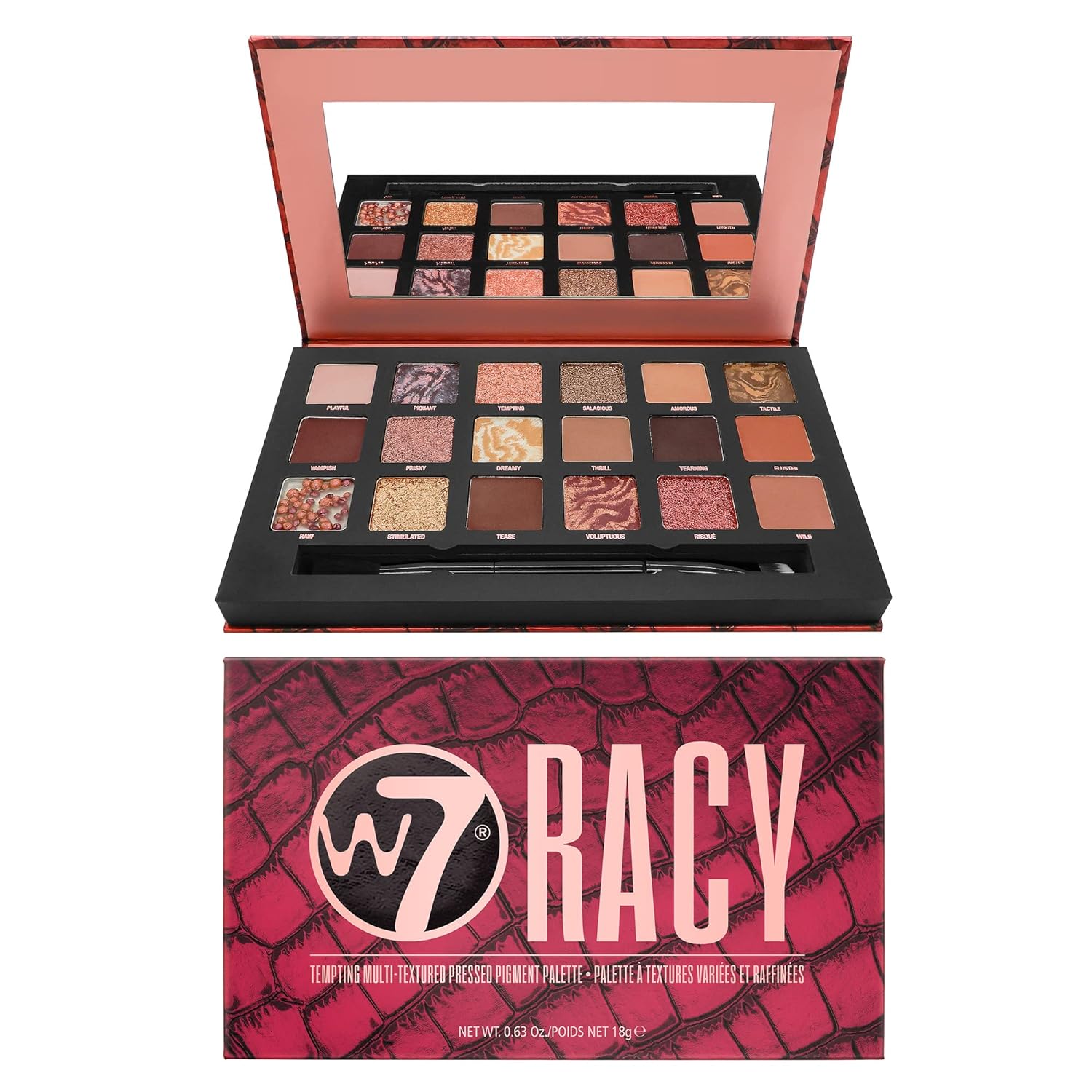 W7 Racy Pressed Pigment Palette - 18 Red Nude Colors - Flawless Long-Lasting Glam Makeup