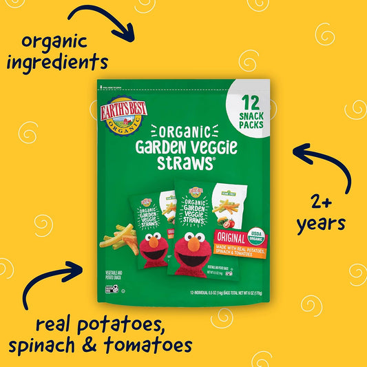 Earth'S Best Organic Kids Snacks, Sesame Street Toddler Snacks, Organic Garden Veggie Straws For Toddlers 2 Years And Older, Original, Multipack, .5 Oz Bags, 12 Count