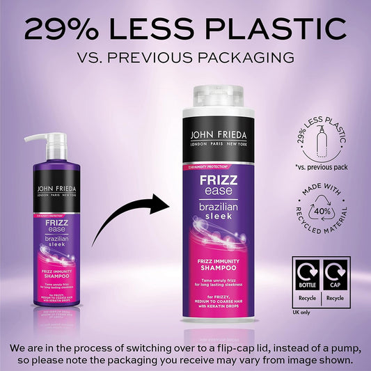 John Frieda Frizz Ease Brazilian Sleek Frizz Immunity Smoothing Shampoo 500Ml, Hydrating Shampoo For Frizzy, Coarse Hair