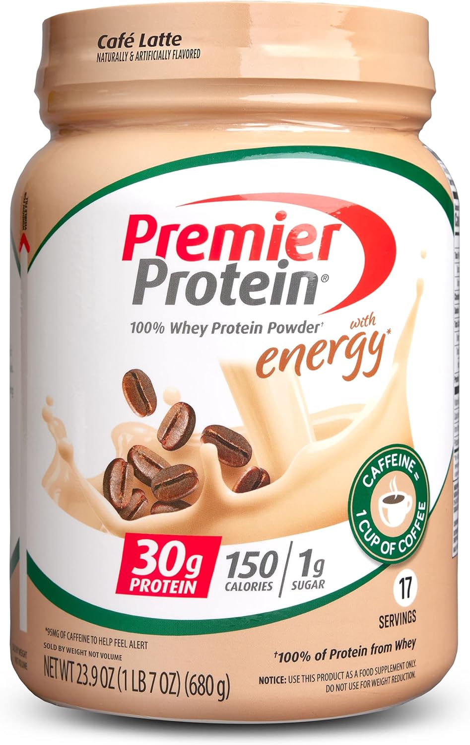 Premier Protein Powder, Cafe Latte, 30G Protein, 1G Sugar, 100% Whey Protein, Keto Friendly, No Soy Ingredients, Gluten Free, 17 Servings, 23.9 Ounce