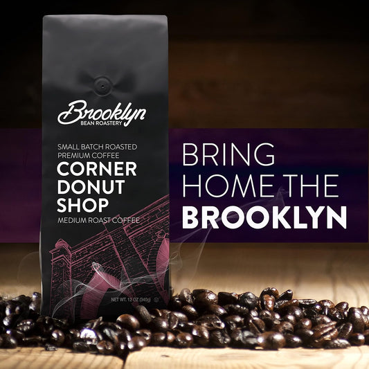 Brooklyn Beans Corner Donut Shop 100% Arabica Craft Roasted Ground Coffee, Medium Roast, 12 Ounce Bag (Bb Cd Bag 12)