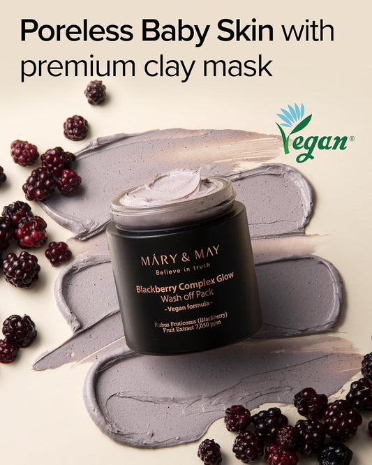 Mary&May Vegan Blackberry Complex Glow Wash Off Mask - Blackhead Care, Pore Clearing, Anti Aging Clay Mask - Bright And Glow Skin - Korean Skincare, 4.23Oz