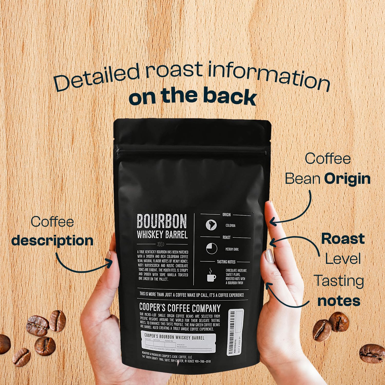 Bourbon Barrel Aged Coffee, Single-Origin Colombian Beans Aged In Kentucky Bourbon Whiskey Barrels, Medium Dark Roast Whole Bean, 12 Oz