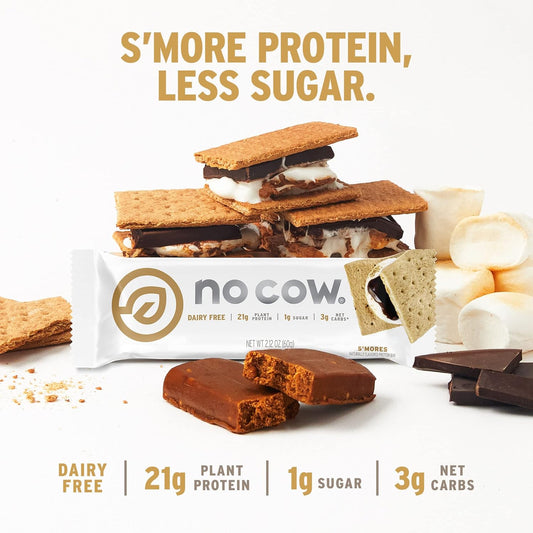 No Cow High Protein Bars, S'Mores - Healthy Snacks, 20G Vegan Protein, High Fiber, Low Sugar, Keto Friendly, Dairy & Gluten Free (12 Count)