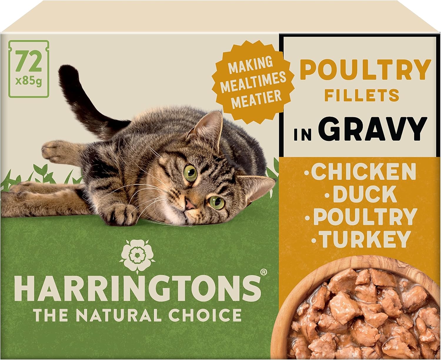 Harringtons Complete Wet Pouch Grain Free Hypoallergenic Adult Cat Food Poultry in Gravy Pack 72x85g - Chicken, Duck, Poultry & Turkey - Making Mealtimes Meatier?HARRWCATPG-C85