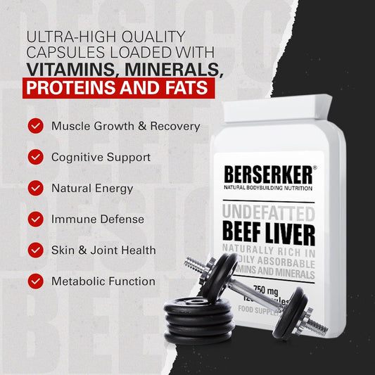 Berserker Desiccated Beef Liver Supplement 750Mg Per Capsule 500 Capsules, Un-Defatted To Provide Full Absorption Of Naturally Occurring Vitamins And Minerals Found In Beef Liver | Made In The Uk