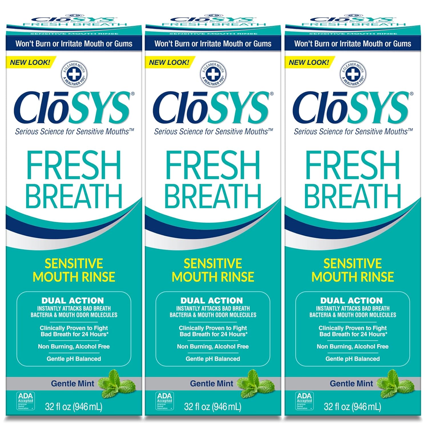 CloSYS Fresh Breath Sensitive Mouthwash, Gentle Mint, Alcohol Free, Dye Free, pH Balanced, Helps Soothe Entire Mouth, Fights Bad Breath - 32 Oz (Pack of 3)