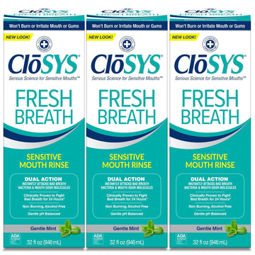 CloSYS Fresh Breath Sensitive Mouthwash, Gentle Mint, Alcohol Free, Dye Free, pH Balanced, Helps Soothe Entire Mouth, Fights Bad Breath - 32 Oz (Pack of 3)