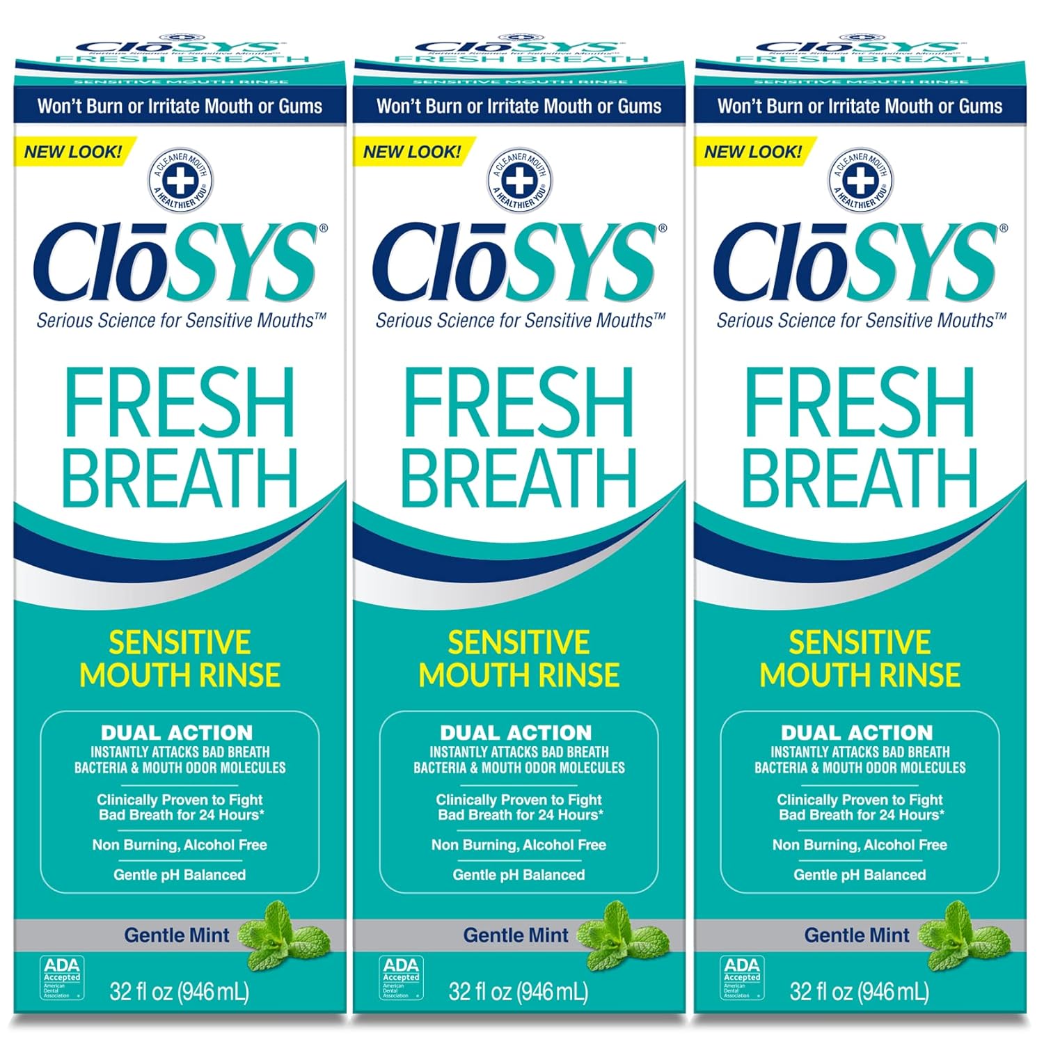Closys Fresh Breath Sensitive Mouthwash, Gentle Mint, Alcohol Free, Dye Free, Ph Balanced, Helps Soothe Entire Mouth, Fights Bad Breath - 32 Oz (Pack Of 3)