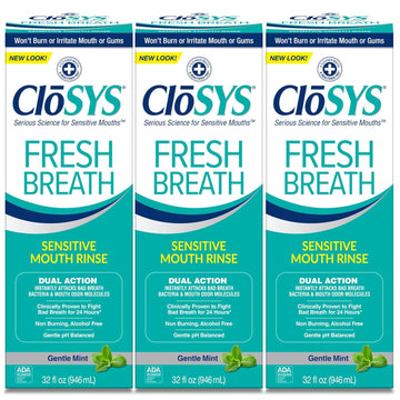 Closys Fresh Breath Sensitive Mouthwash, Gentle Mint, Alcohol Free, Dye Free, Ph Balanced, Helps Soothe Entire Mouth, Fights Bad Breath - 32 Oz (Pack Of 3)