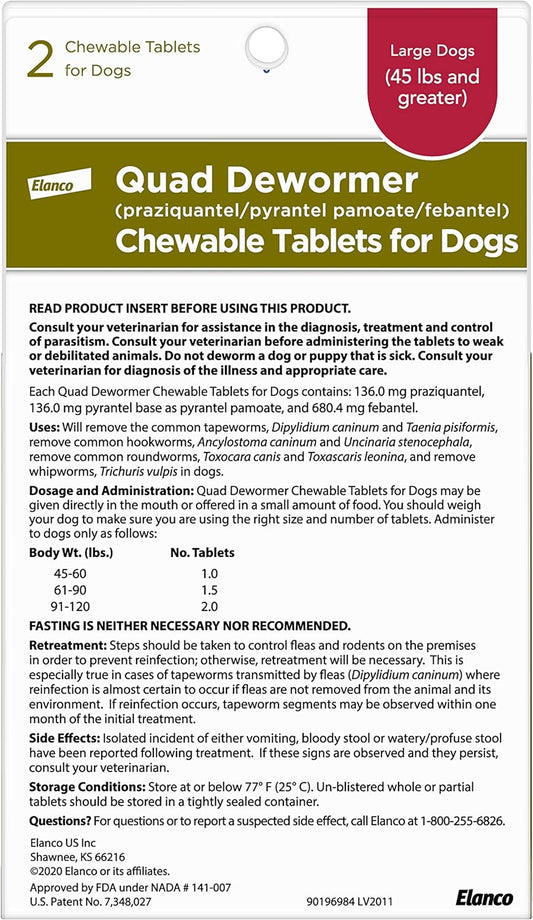 Elanco Chewable Quad Dewormer For Large Dogs, 45 Lbs And Over, 2 Chewable Tablets