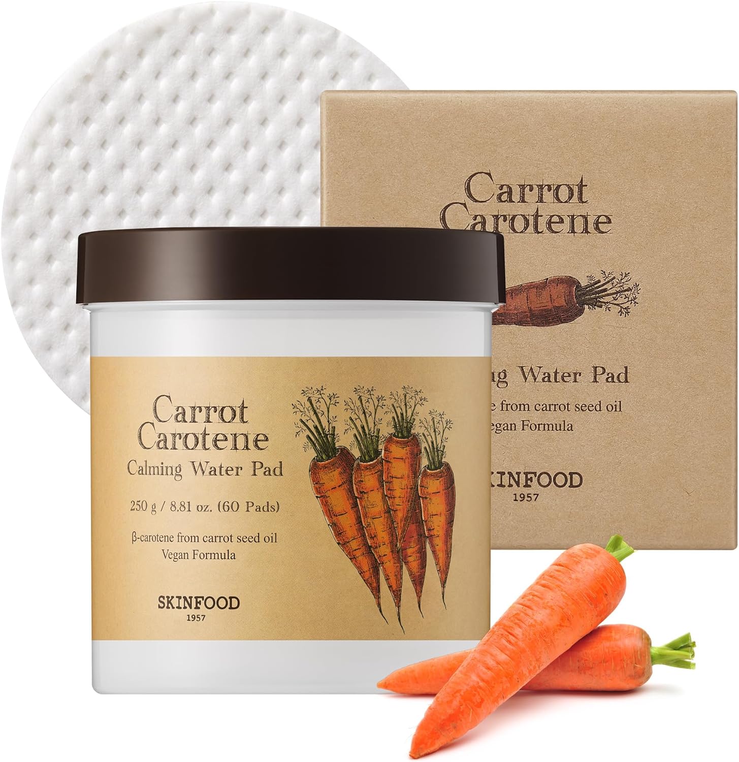 Skinfood Carrot Carotene Calming Water Pad 250G (8.81 Oz.) 60 Sheets- Redness Relief Soothing Facial Toner Pads For Sensitive Skin, Cruelty Free