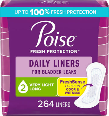 Poise Daily Liners, Incontinence Panty Liners, 2 Drop Very Light Absorbency, Long Length, 264 Count Of Pantiliners (6 Packs Of 44), Packaging May Vary