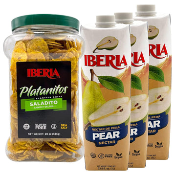Iberia Lightly Salted Plantain Chips, 20 Oz. + Iberia Pear Nectar, 33.8 Fl Oz, Pack of 3