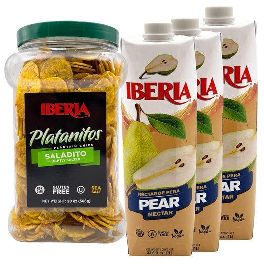 Iberia Lightly Salted Plantain Chips, 20 Oz. + Iberia Pear Nectar, 33.8 Fl Oz, Pack of 3