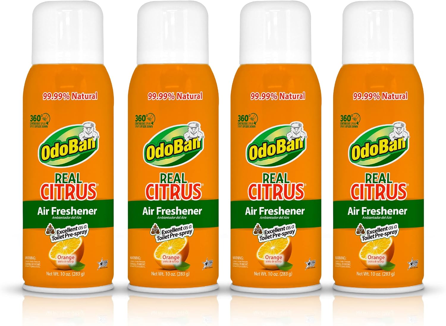 OdoBan Aroma Eliminator, 360-Degree Continuous Spray Natural Oil Real Citrus Air Freshener, Toilet Spray, 4-Pack, 10 Ounces Each, Orange Scent