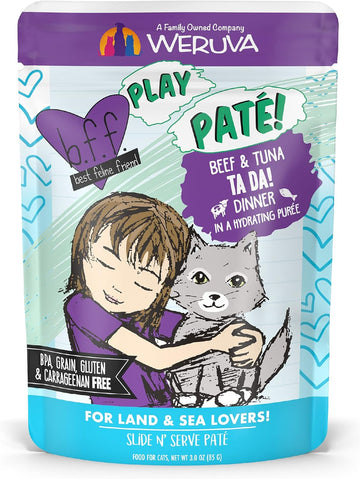 Weruva B.F.F. Play - Best Feline Friend Paté Lovers, Aw Yeah!, Beef & Tuna Ta Da! With Beef & Tuna, 3Oz Pouch (Pack Of 12)