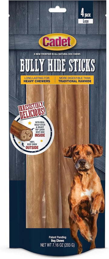 Cadet Bully Hide Sticks For Small, Medium And Large Dogs - All-Natural Beef Pizzle, High Protein, Low Fat, Long-Lasting, Grain & Rawhide-Free Dog Chews For Aggressive Chewers, Large (4 Count)