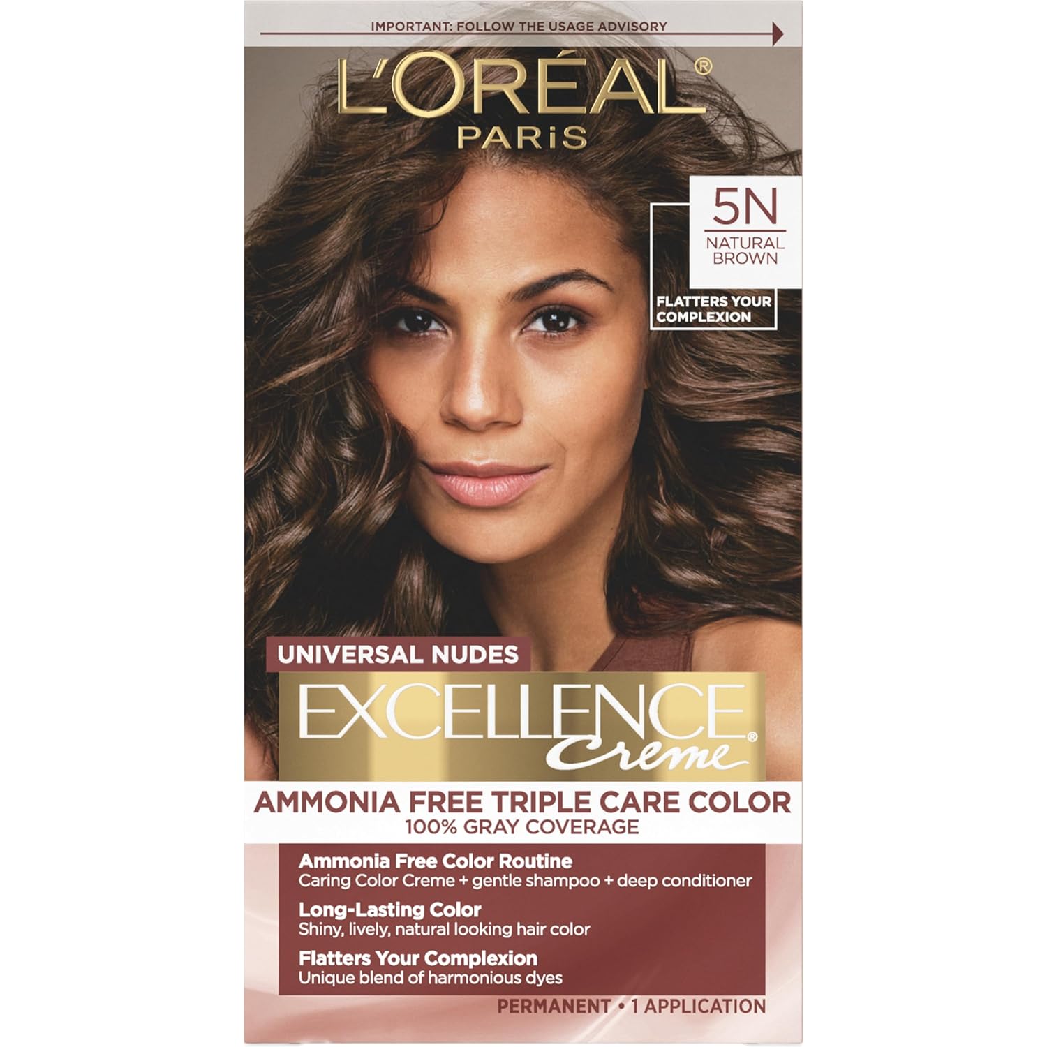 L’Oréal Paris Excellence Universal Nudes Permanent Hair Color, Ammonia Free Hair Dye For Gray Hair Coverage, 5N Natural Brown, 1 Hair Dye Kit