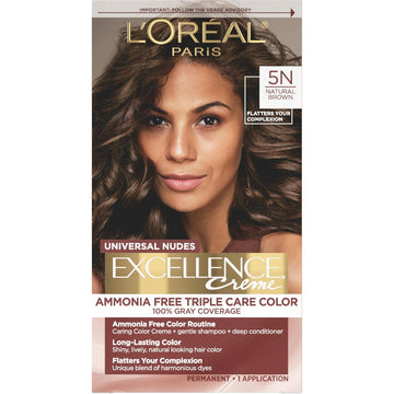 L’Oréal Paris Excellence Universal Nudes Permanent Hair Color, Ammonia Free Hair Dye For Gray Hair Coverage, 5N Natural Brown, 1 Hair Dye Kit