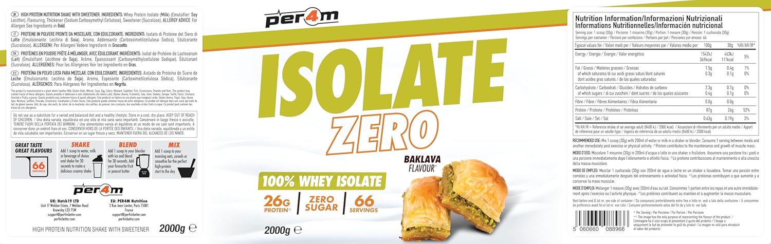 Per4m Isolate Zero Premium Whey Protein Powder | 66 Servings Ultra Filtered Isolate Shake + Amino Acids | Muscle Recovery & Optimal Nutrition | Zero Sugar & Low Gluten (2kg, Chocolate Creme) : Amazon.co.uk: Health & Personal Care