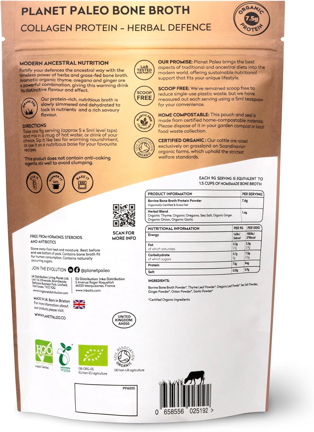 Planet Paleo Organic Bone Broth Collagen Protein Powder (225g, 25 Servings) Herbal Defence with Oregano & Thyme, Grass-Fed, Keto, Low Carb, High Protein Drink or Add to Soups & Savoury Recipes : Amazon.co.uk: Grocery