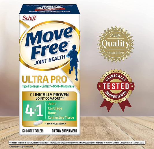 Move Free Ultra Pro with Quadruple Action Joint Support - Type 2 Collagen MSM Calcium Fructoborate & Manganese - Supports Joint Cartiliage Bone Connective Tissue, 120 Tablets (30 servings) (Pack of 2)